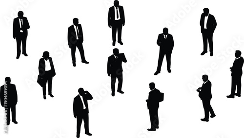 Business people silhouette set isolated on white background, standing men in suits top view poses for corporate vector design illustration