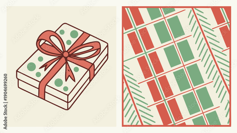 Fototapeta premium Isometric illustration of a polka dot gift box with a red bow and its matching pattern