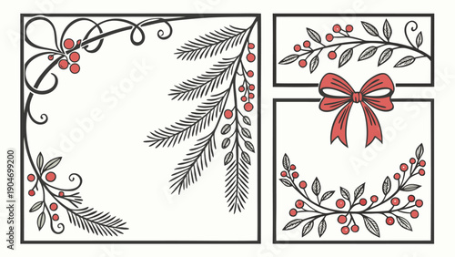 Festive hand-drawn christmas decorative elements including pine branches berries and a red bow.