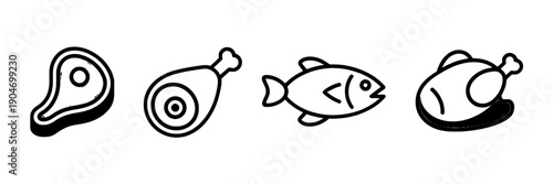 Meat set with chicken steak, drumstick, fish, and turkey icons in black outline style featuring food, simple, line art with graphic resources and culinary elements for menu, restaurant projects,