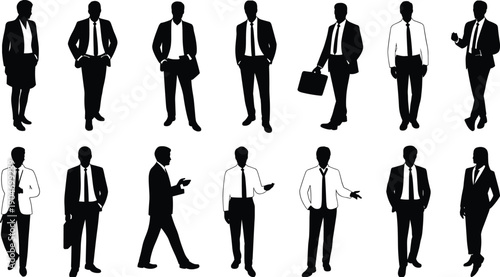 Business people silhouette set, professional men in suits standing walking poses, corporate character collection isolated on white background