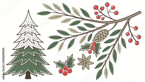 Watercolor christmas botanical set with snow covered pine tree holly berries and star anise.