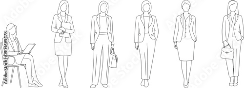 Business women fashion illustration set, professional female characters in office outfits, line art vector for corporate design branding marketing presentations
