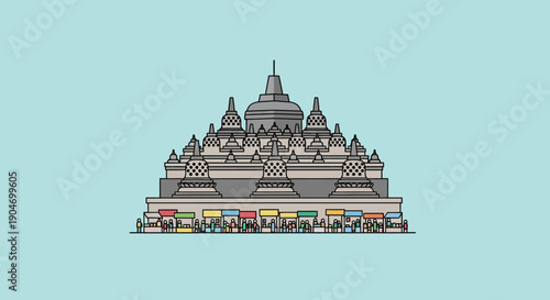 A meticulously detailed minimalist flat illustration of a magnificent ancient Buddhist temple with a vibrant marketplace in front against a serene pastel blue background