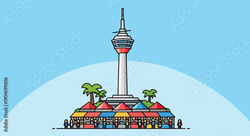 Famous Asian Landmark Tower with a Vibrant Market Below Featuring Colorful Stalls and Tropical Palm Trees Under a Clear Blue Sky Illustration