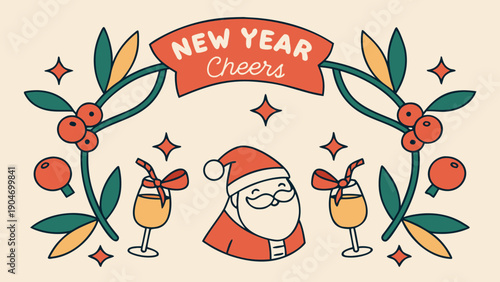 Festive new year cheers illustration with santa claus and champagne glasses on cream background