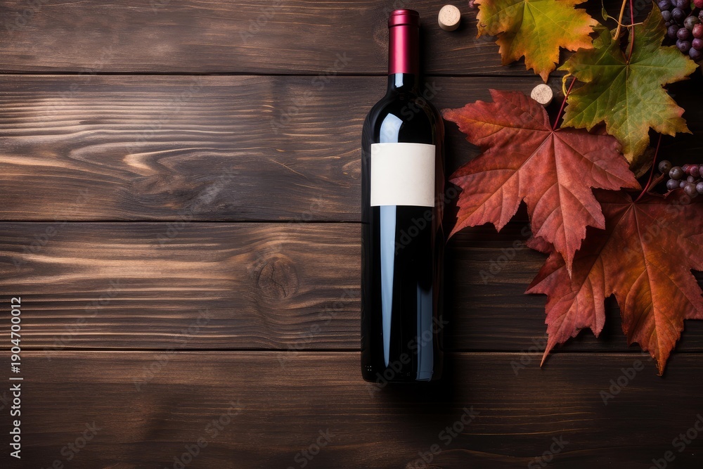 Fototapeta premium Red wine bottle with blank label, autumn leaves, and corks on a dark wooden background