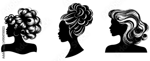 Hairstyle Elegant Silhouettes A trio of stylized female silhouettes showcases an array of stunning hairstyles, a timeless display of woman beauty.