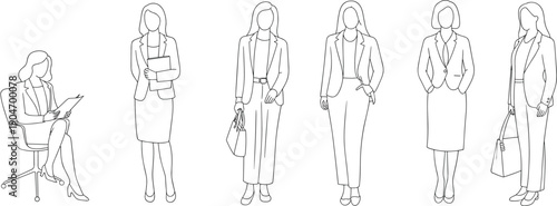 Businesswomen line art set, professional female characters, office attire, corporate lifestyle, standing and sitting poses, isolated outline illustration, career concept