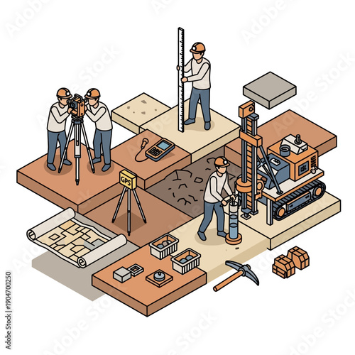 Construction site with workers and equipment in isometric view.