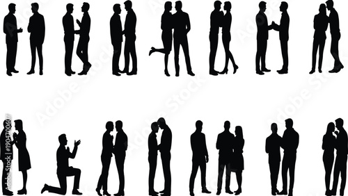 Couple silhouette collection romantic love relationship poses standing hugging kissing proposal vector illustration isolated on white background set