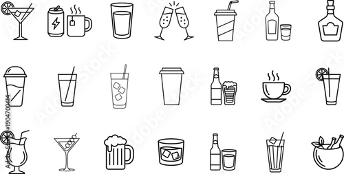 Black and White Beverage Line Icons – Coffee, Tea, Juice, Cocktails, Beer, Wine, Soft Drinks, Minimalist Vector Set for Menus, Apps, Websites, and Food & Drink Design Projects
