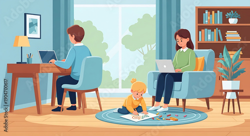 A Modern Family's Productive Day Balancing Remote Work Responsibilities and Childcare Activities in a Harmonious Home Setting