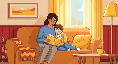 A heartwarming scene of a mother reading a storybook to her young son on a cozy sofa in a sunlit living room, fostering love for learning and family bonding time
