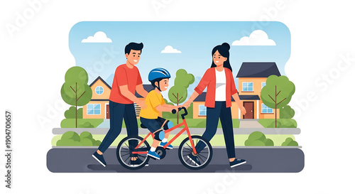 Loving parents teach their young child how to ride a bicycle for the first time on a sunny day in a suburban neighborhood, fostering family bonding and growth