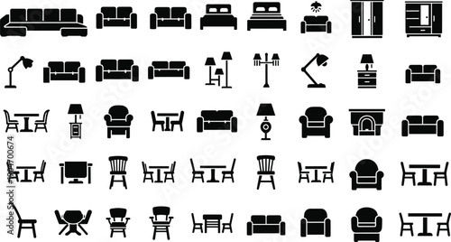 Furniture icons, home interior silhouettes with sofa, bed, table, chair, and lamp, apartment decor symbols, isolated flat vector illustration elements, room arrangement.