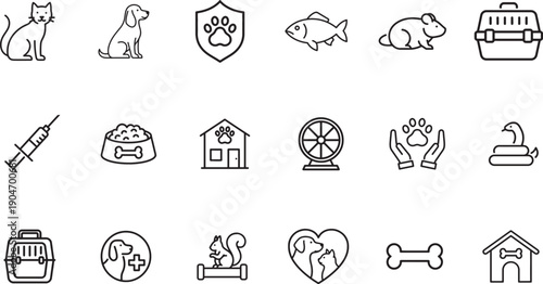 20 Black and White Vector Icons of Pets, Veterinary Care, Animal Supplies, and Pet Adoption Symbols – Cat, Dog, Fish, Hamster, Snake, Paw Print, Pet Carrier, Food Bowl, Shelter, Medical Cross, Global 