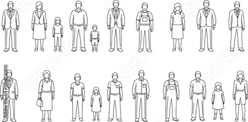 People character icons in thin line style featuring diverse men, women, and children in professional, casual