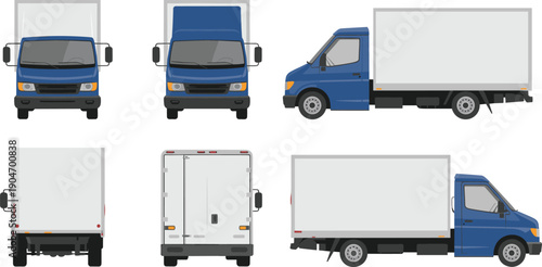 Delivery box truck illustration set isolated on white background, front side rear views for logistics transport vector design commercial fleet