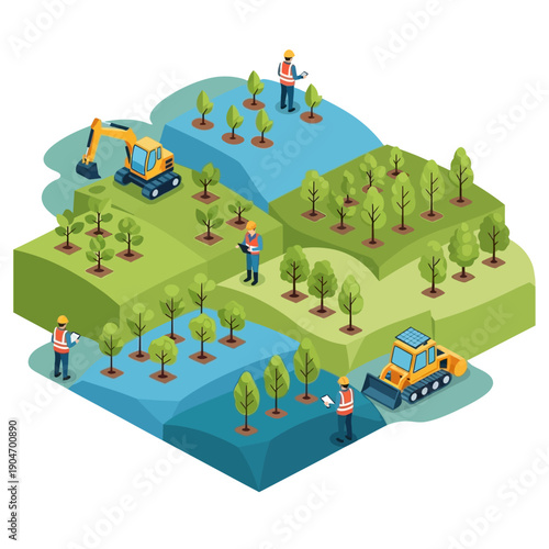 Reforestation Efforts with Heavy Machinery and Workers.
