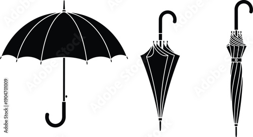 Umbrella silhouettes in open, semi-closed, and closed positions, black vector icons for rain, weather, and fashion accessory design.