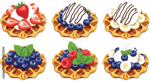 Set of gourmet Belgian waffles topped with fresh strawberries blueberries raspberries banana slices and chocolate cream isolated on grey background