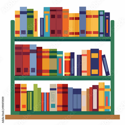 Colorful bookshelf filled with books in modern library or home office