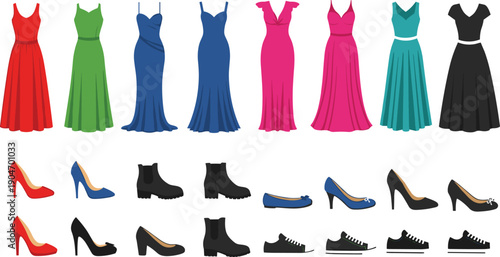 Vibrant women's dresses and diverse shoes collection, elegant gowns, high heels, ankle boots, flats, sneakers for fashion vector illustration