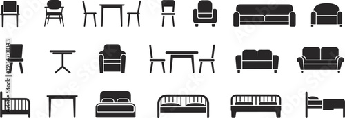 Furniture silhouette icon set isolated on white background, chairs sofas beds tables modern interior design vector illustration collection