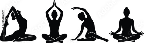 Yoga woman silhouette poses, meditation and fitness exercise, stretching girl vector, relaxing lotus body shape, female workout illustration graphic