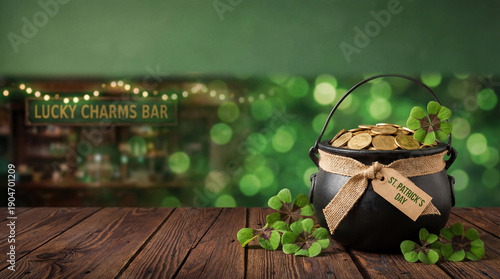 St Patricks Day pot of gold upon bar table featuring shamrocks and tag, set before the blurred Irish pub sign and green bokeh lights, warm evening mood, close-up perspective
