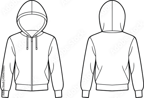 Hoodie jacket line art, front and back view hooded sweatshirt outline, casual apparel template, fashion vector illustration set