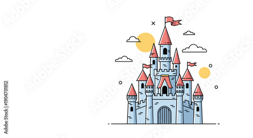 Detailed line art illustration of a fairytale castle with many towers and flags under a sunny sky with clouds today.