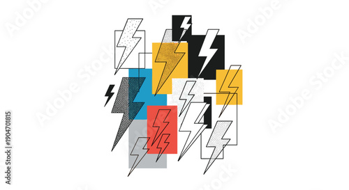 Colorful abstract pattern featuring various lightning bolt shapes in different styles and textures on white surface.
