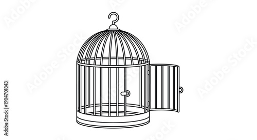 Simple line art illustration of an open wire bird cage symbolizing freedom and liberation on white background area.