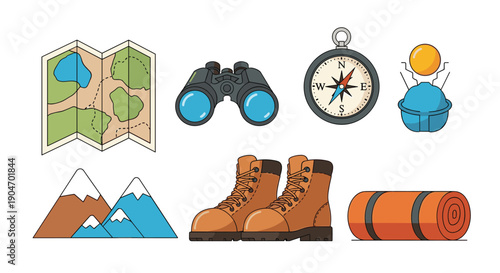 Colorful collection of camping and hiking equipment including a map, binoculars, compass, and boots on white base.