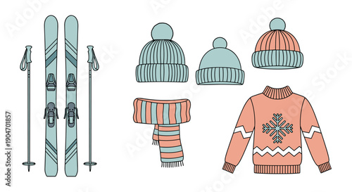Set of winter sports equipment and clothing including skis, poles, hats, a scarf, and a sweater with a snowflake.
