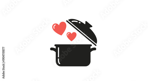 Black cooking pot icon with two red hearts floating out of the open lid representing cooking with love on white.