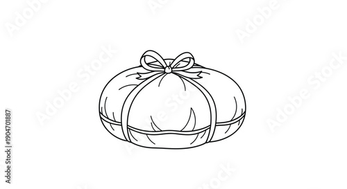 Simple line art illustration of a round gift bundle wrapped in fabric with a small bow on top on white background.