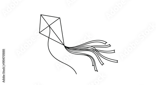 Simple line art drawing of a diamond shaped kite flying with long ribbons against a plain white background area.