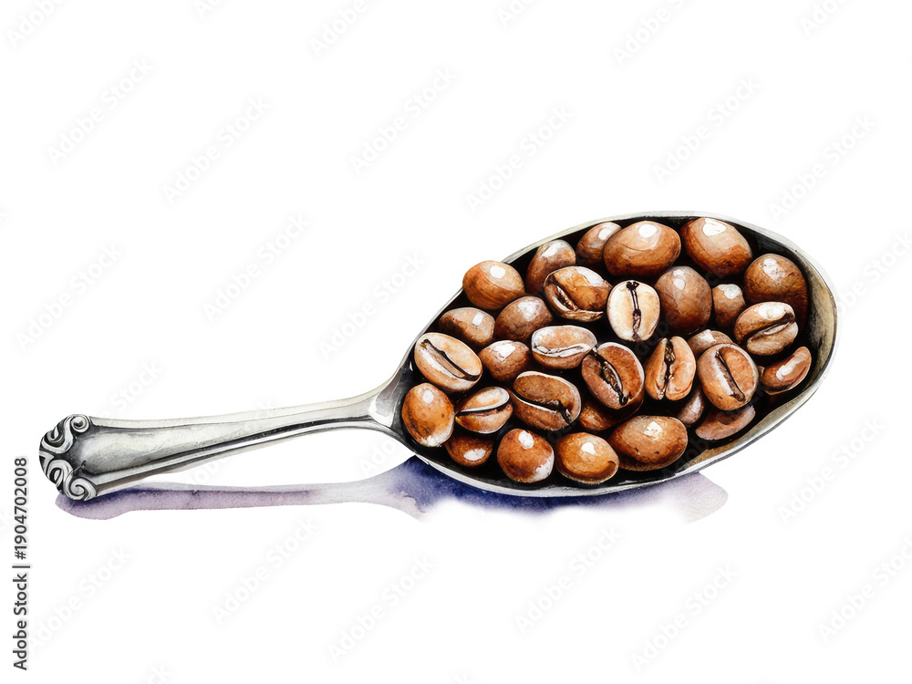 Fototapeta premium A spoonful of coffee beans arranged neatly on a white background