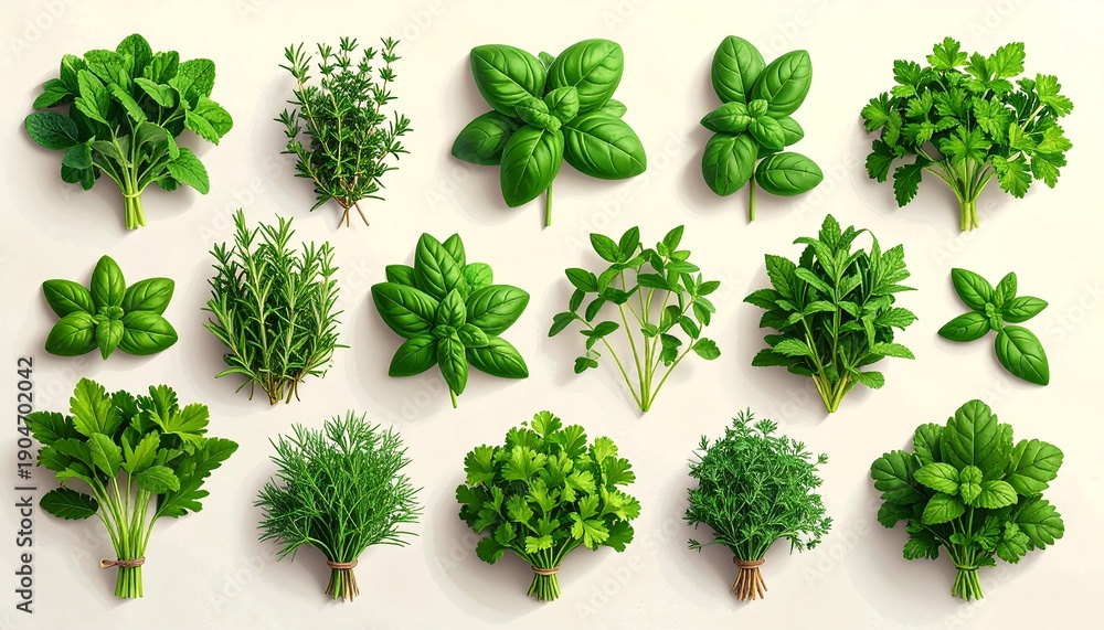 Obraz premium Assortment of Fresh Green Herbs Arranged Artfully on a Light Background.