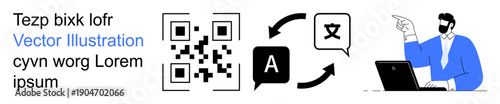 Translation services, digital tools, technology, scanning, language decoding, education. QR code, arrows laptop user pointing to collaborate. Translation services and digital tools concept