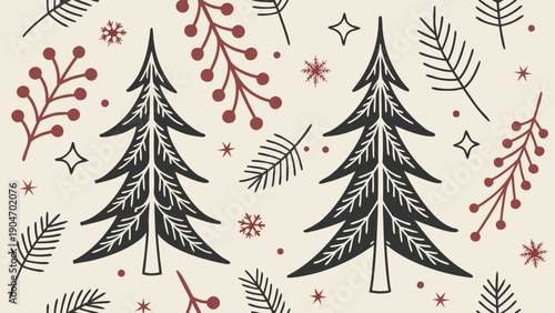 Seamless pattern with hand drawn pine trees, red berries and evergreen branches on beige background.
