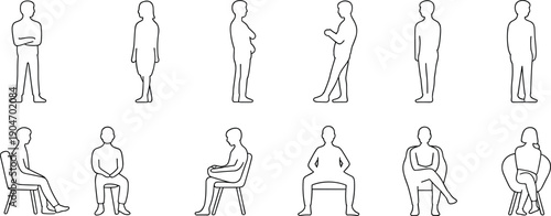 Human figure line art poses set, standing and sitting people outline silhouettes, minimal character views for design reference illustration