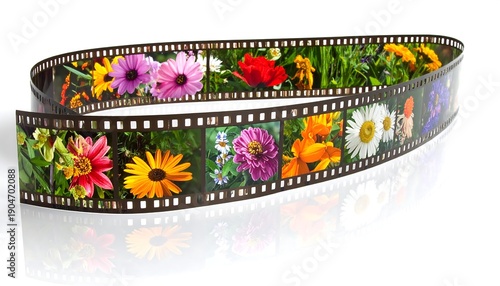 A strip of film showcasing a vibrant collection of colorful flowers in bloom.