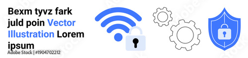 Data protection, online security, network encryption, wireless safety, risk management, digital privacy. wireless signal, padlock shield gear symbols in vector format. Data protection and online