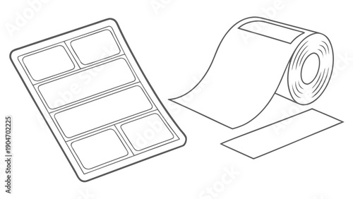 Black and white line art illustration of adhesive labels on a sheet and a roll.