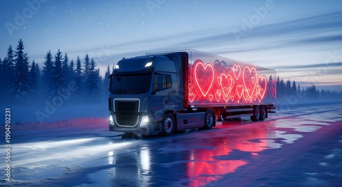 Valentine's day truck delivering love with heartfelt red lights on a romantic winter night