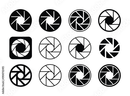 Collection of vector shutter icons in various black and white styles.